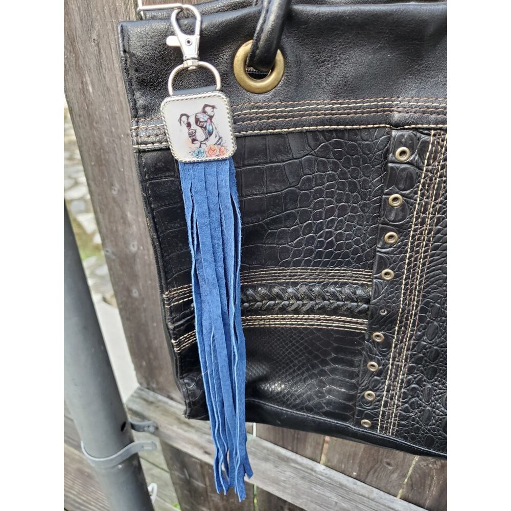 Handmade boho Pitbull lover Leather Fringe Western bag charm fringe keychain